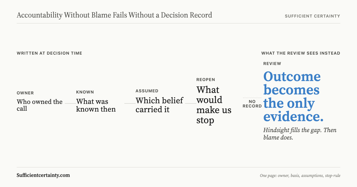 Accountability without blame depends on what was written at decision time, set against a review with no record that treats the outcome as the only evidence.