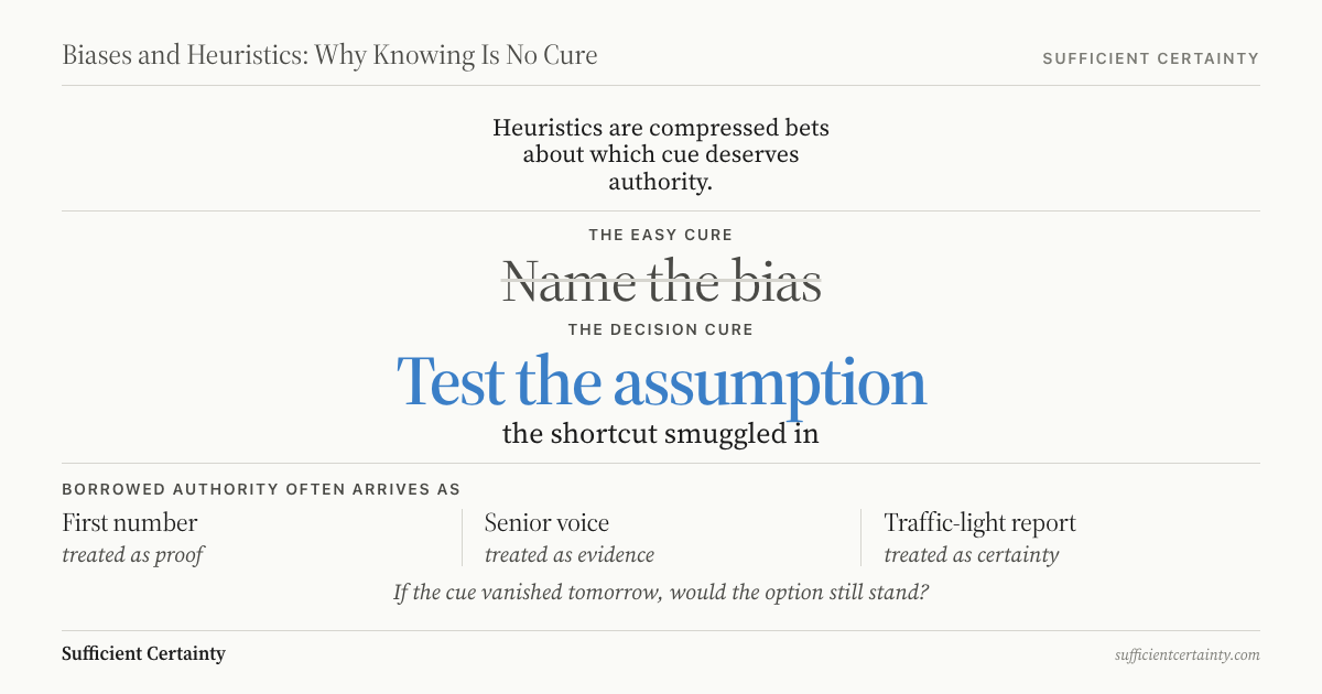 OG card showing Name the bias struck through, replaced by Test the assumption the shortcut smuggled in, with three forms of borrowed authority: first number, senior voice, traffic-light report