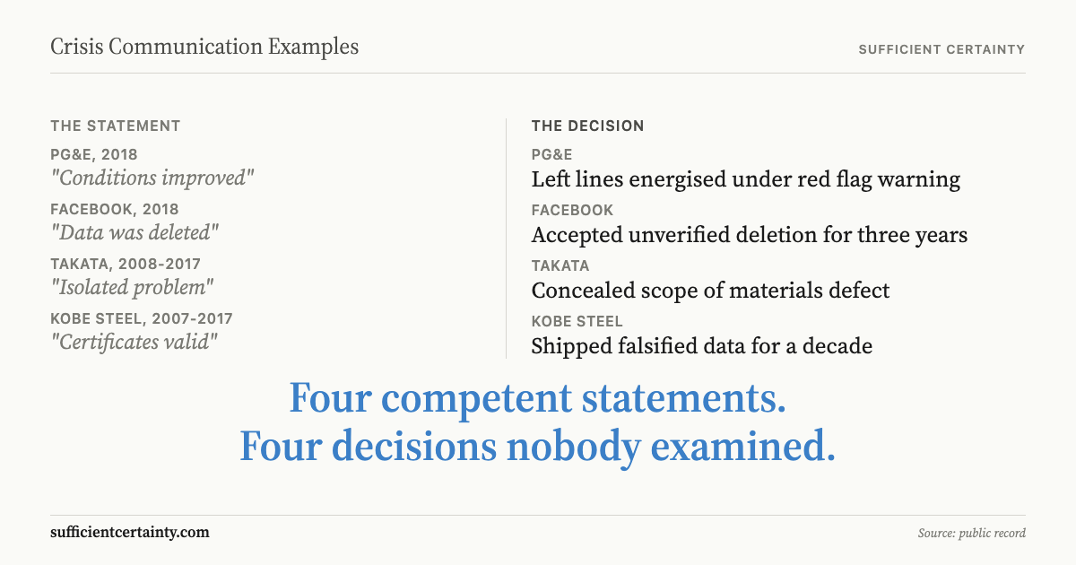 Four crisis cases showing the decision failure underneath the public communication