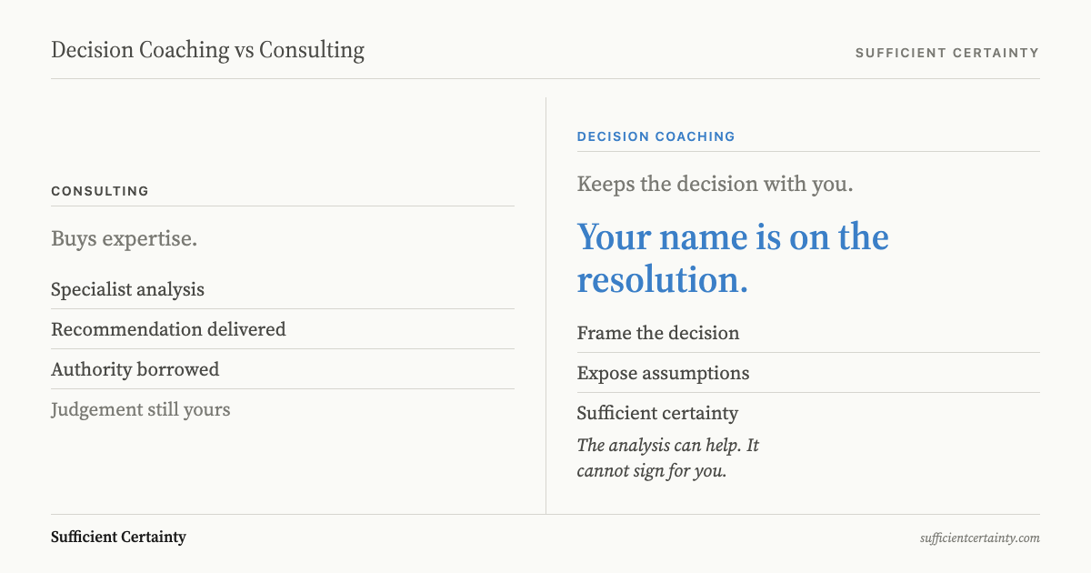Decision coaching vs consulting shown as expertise delivered on one side and owned judgement on the other
