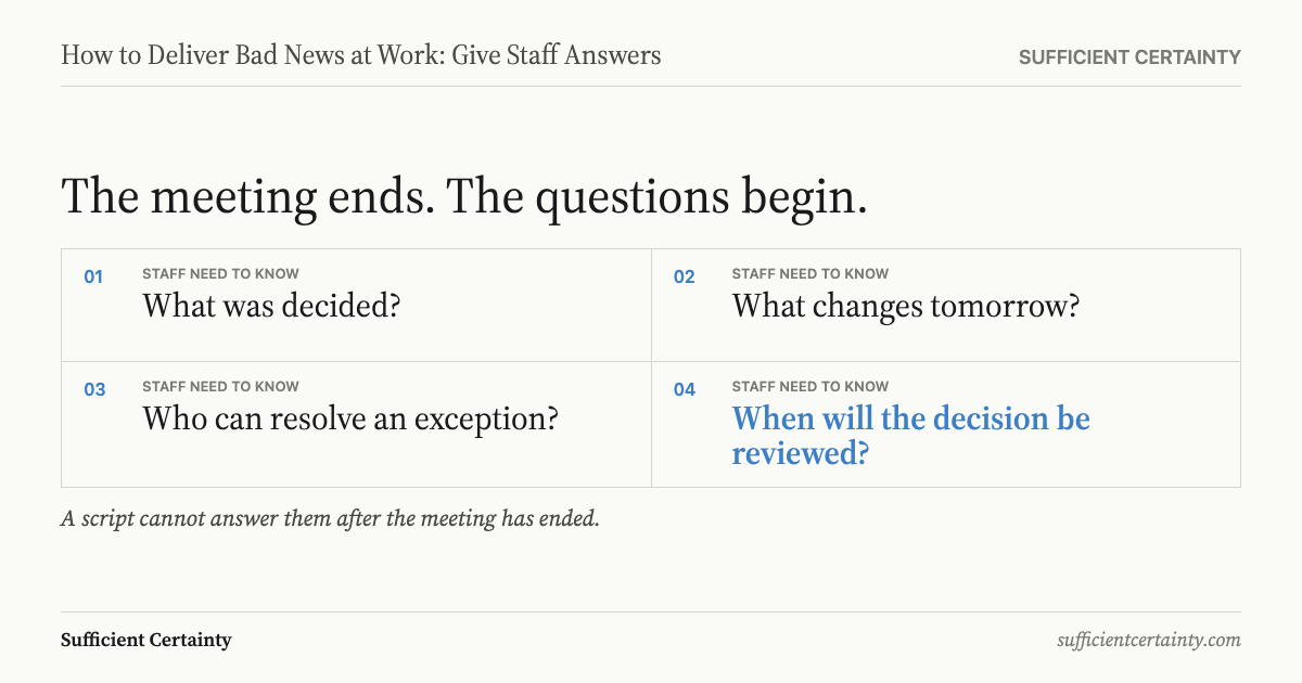 Delivering bad news at work, four questions staff need answered after a workplace announcement
