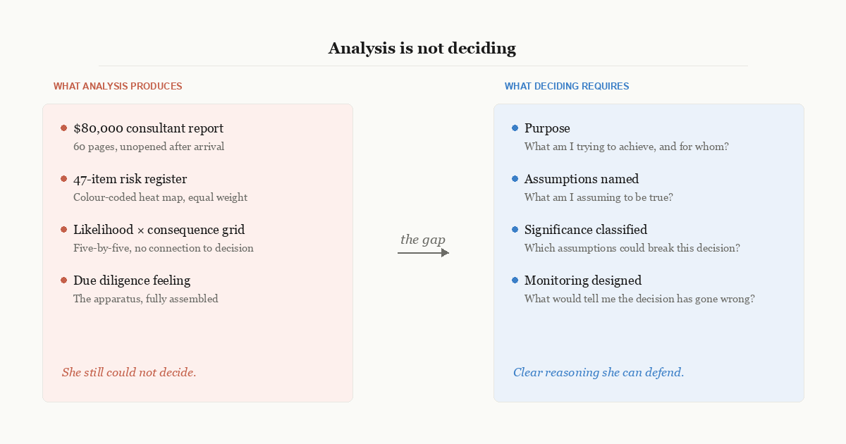 Two-column comparison showing what analysis produces versus what deciding requires, with the consultant report and risk register on the left and purpose, assumptions, significance, and monitoring on the right