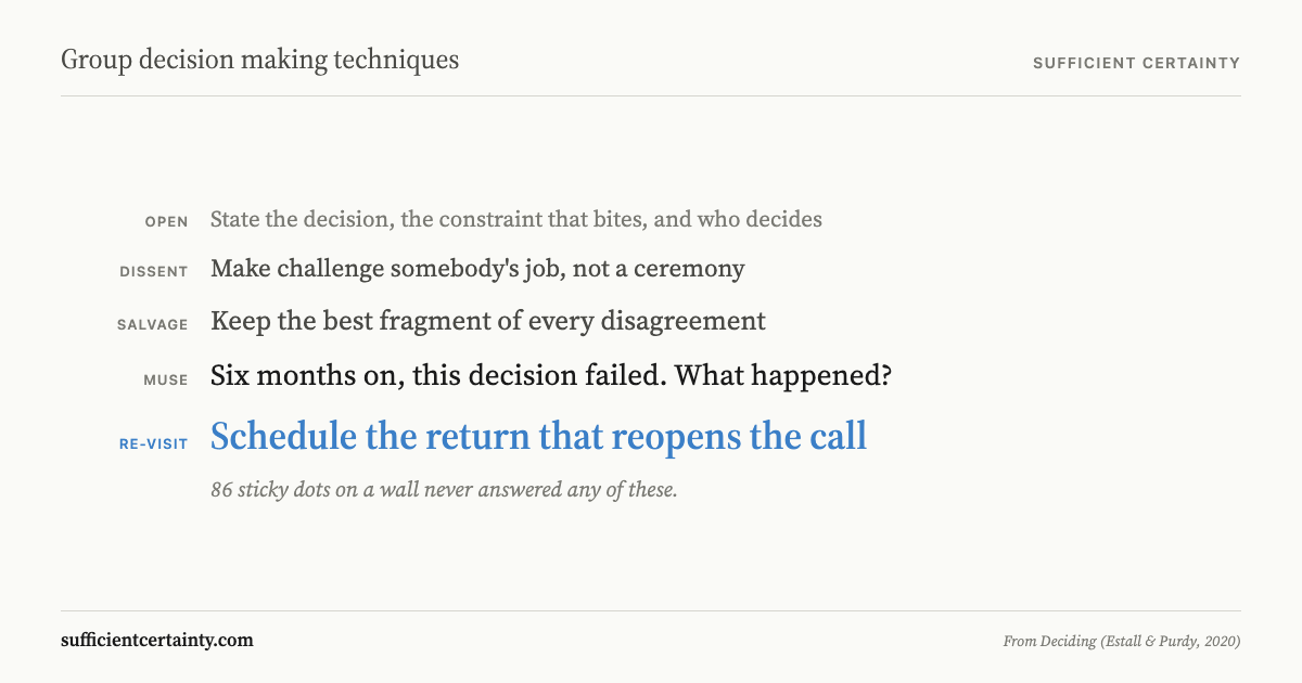 Vertical stack of five conversational moves for group decisions: open, dissent, salvage, muse, and the emphasised climax, schedule the return that reopens the call