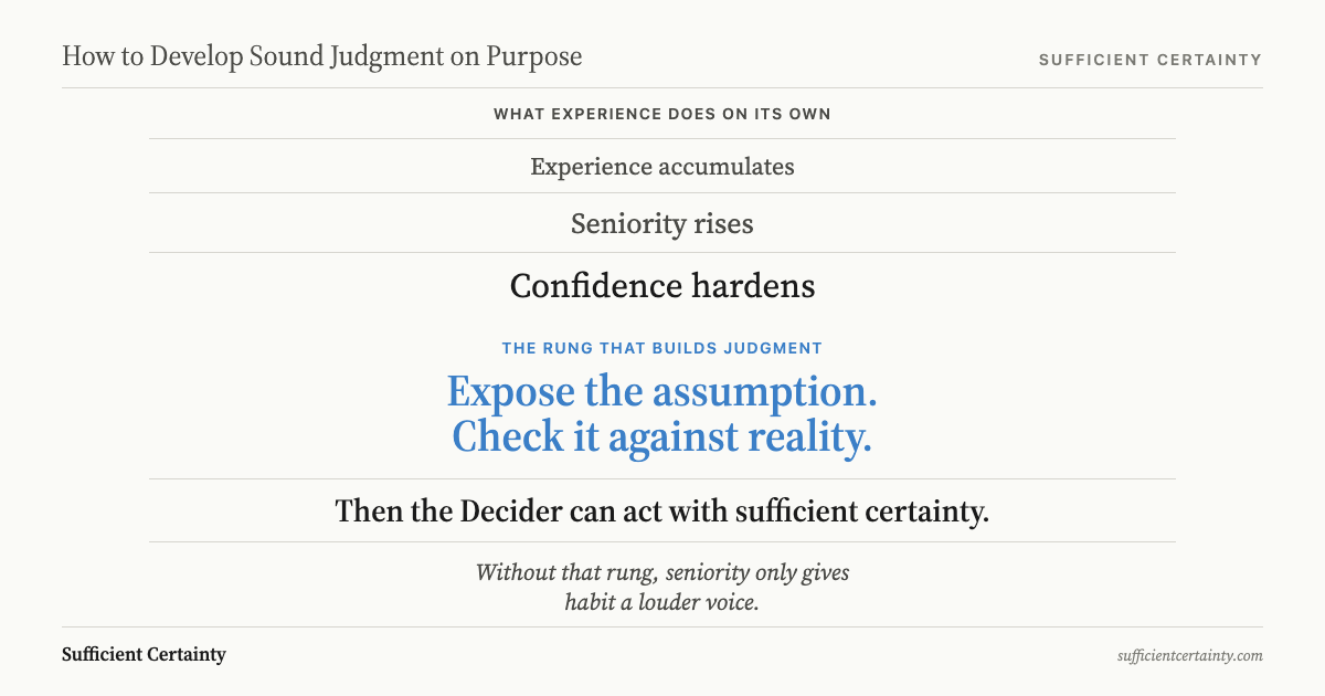 Ladder diagram showing experience, seniority, and confidence as rungs, with the missing rung: expose the assumption and check it against reality