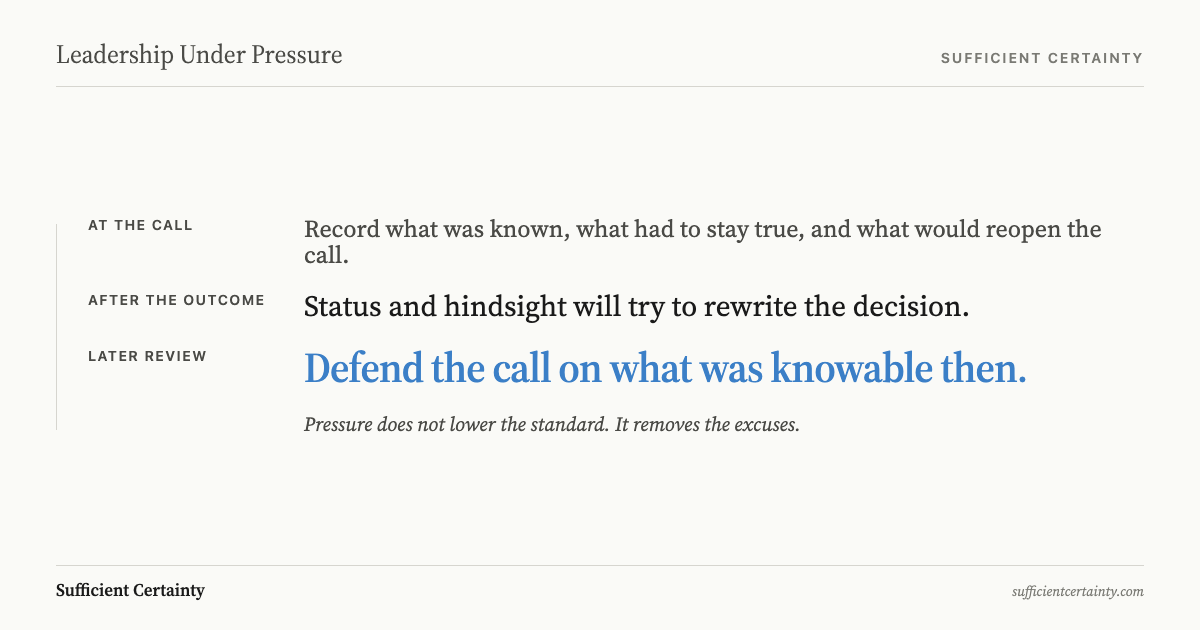 Leadership under pressure shown as a decision defended by what was knowable at the time