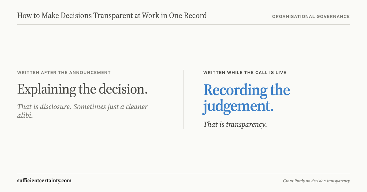 Card on making decisions transparent at work, contrasting publishing more after an announcement with recording the judgement while the call is still live