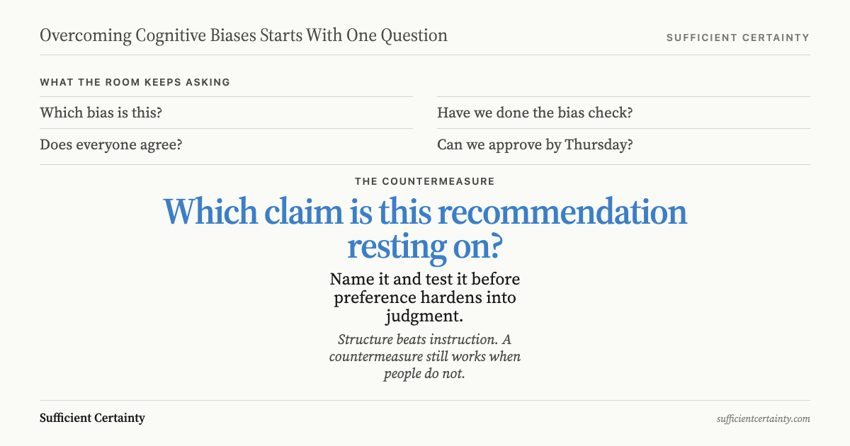 Card on overcoming cognitive biases, contrasting the questions rooms keep asking about bias with the countermeasure question: which claim is this recommendation resting on?