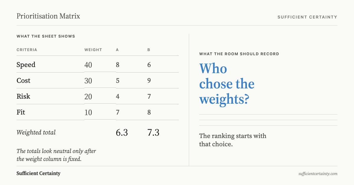 Prioritisation matrix showing visible scores and hidden weight choices behind the ranking