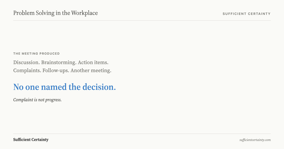 List of meeting outputs (discussion, brainstorming, complaints, follow-ups) above the punchline: No one named the decision.