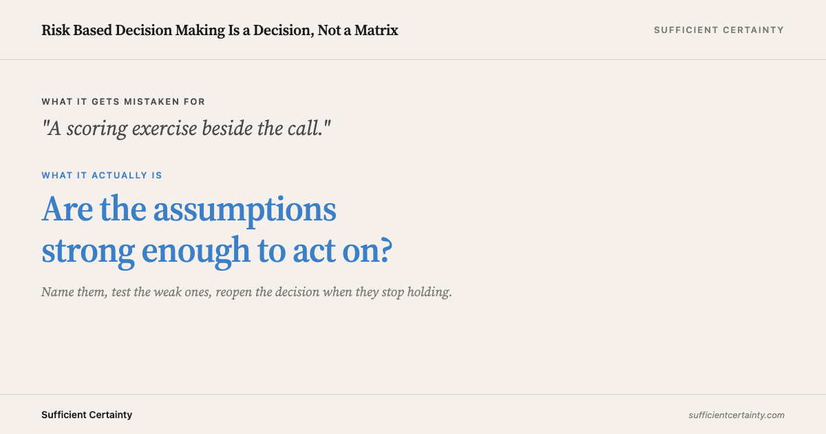 Risk-based decision making: not a scoring exercise, but testing whether assumptions are strong enough to act on