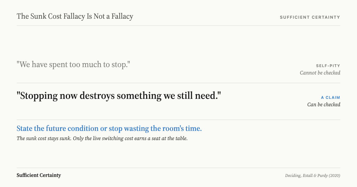 Two contrasting statements: self-pity about past spending dismissed as uncheckable versus a testable claim about live switching cost, with the resolution to state the future condition plainly