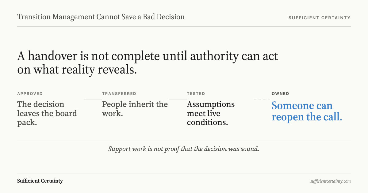 Transition management handover from approval to stop authority