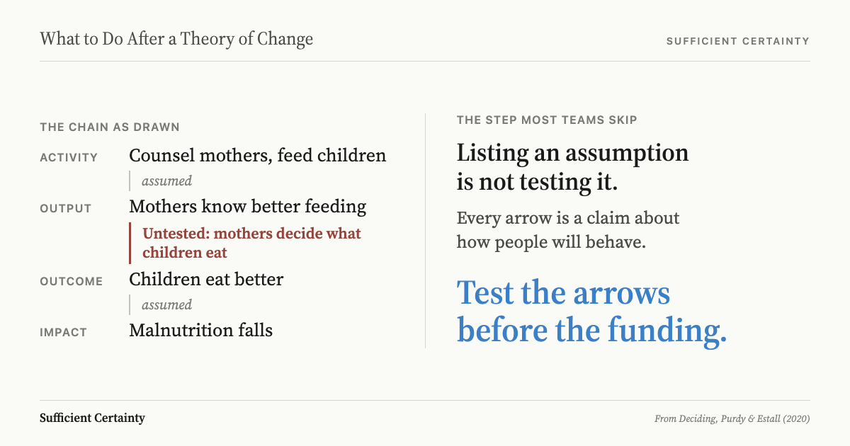 What to do after a theory of change: test each arrow between the boxes, because listed assumptions are not tested ones
