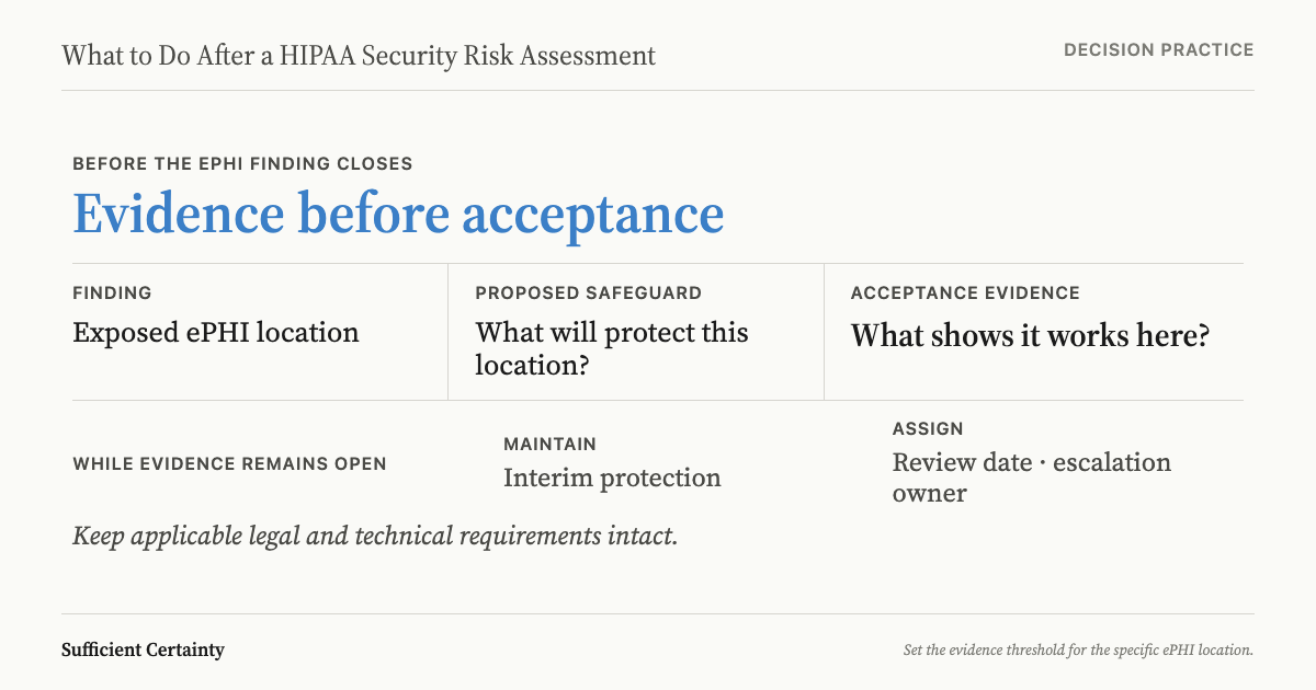 After a HIPAA Security Risk Assessment, require location-specific safeguard evidence before accepting remediation