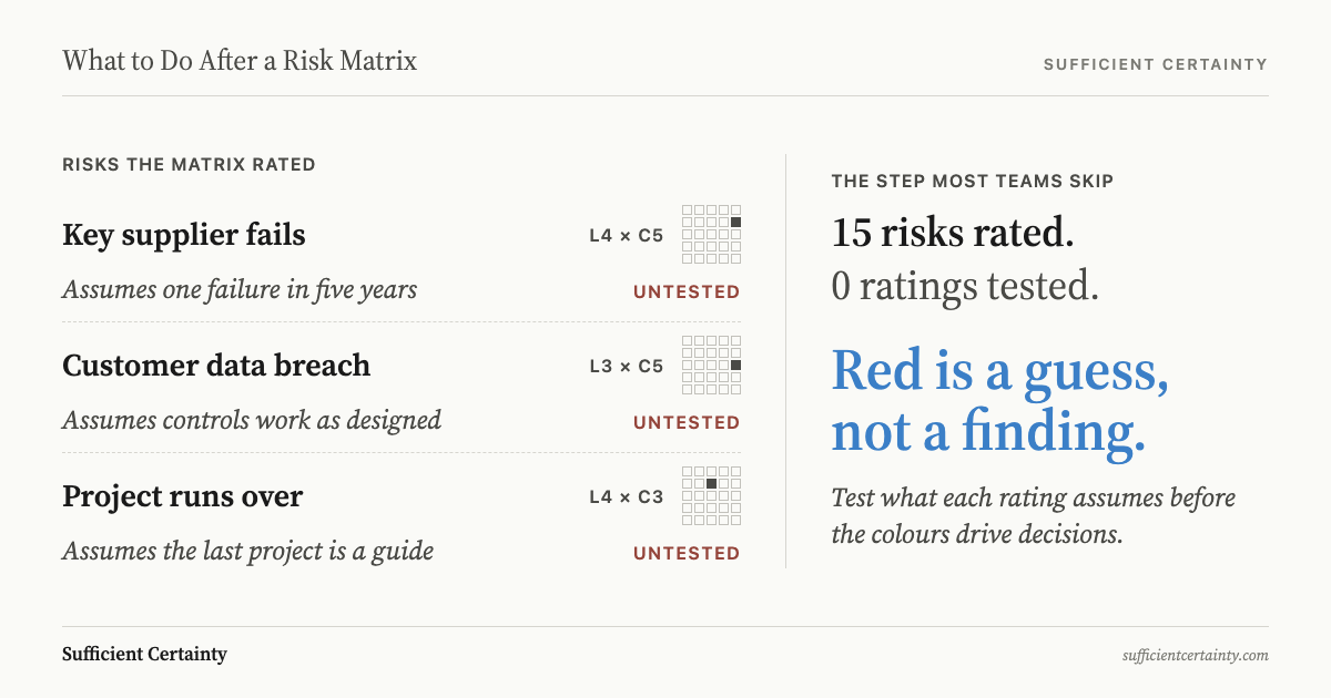 What to do after a risk matrix: test the assumptions behind each likelihood and consequence rating before the colours drive treatment and escalation