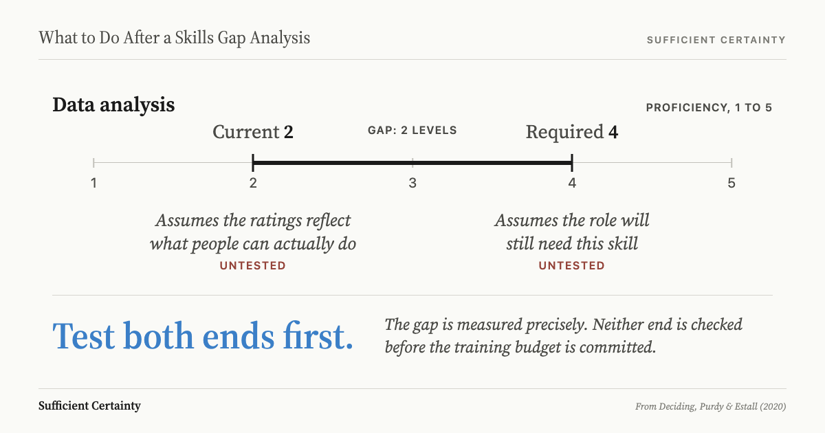What to do after a skills gap analysis: test the required-skills list and the proficiency ratings before funding the training plan